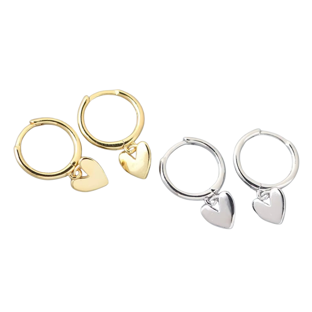 Two pairs of hoop earrings with heart charms on a white background