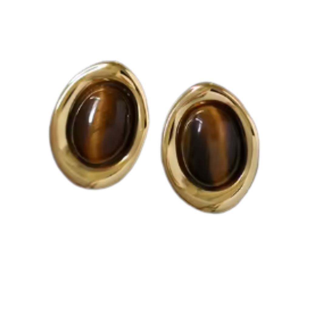 Gold earrings with brown tigers eye gemstones on a white background