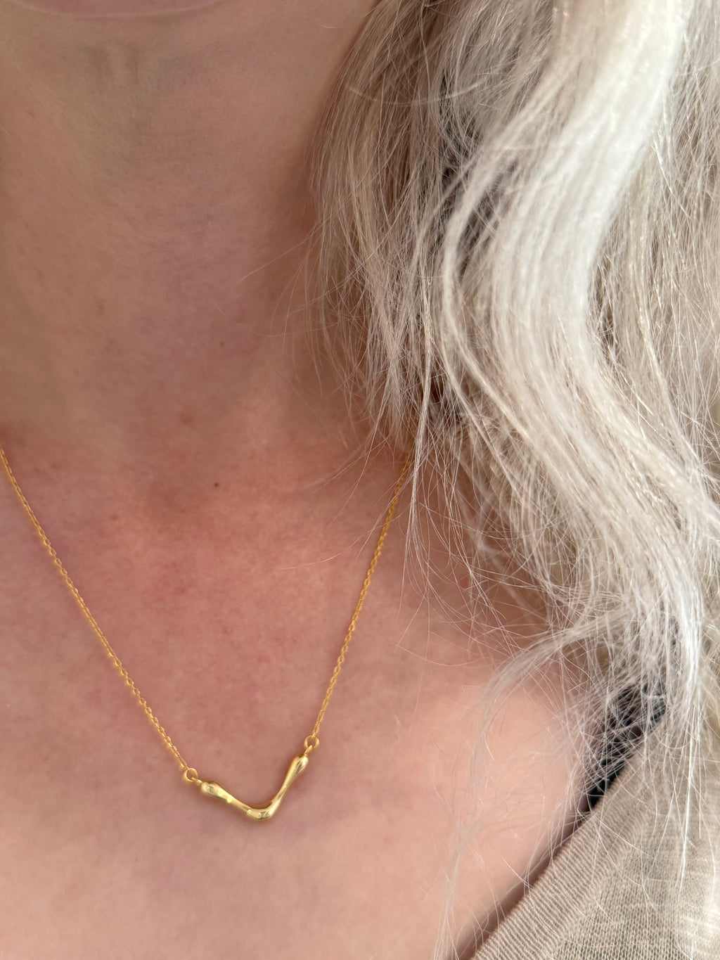 Gold necklace worn by a person with light-colored hair