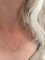 Gold necklace worn by a person with light-colored hair