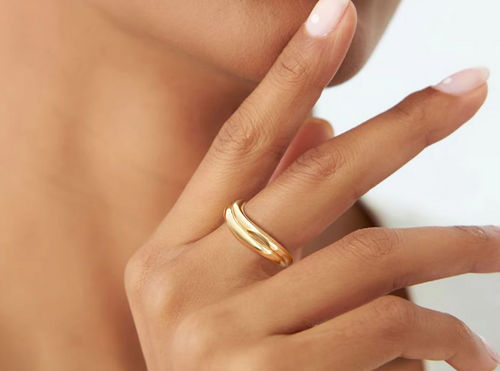 Close-up of a hand wearing a gold ring with a blurred background